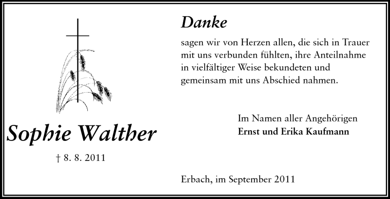  Traueranzeige für Sophie Walther vom 03.09.2011 aus Odenwälder Echo