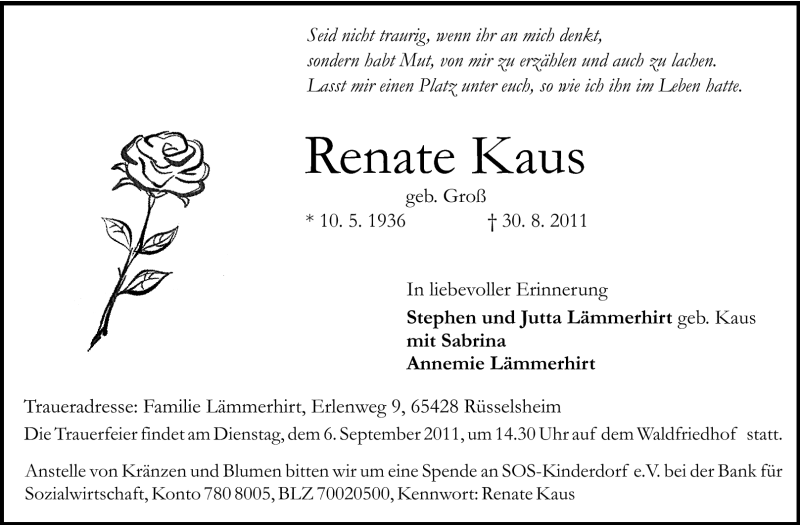  Traueranzeige für Renate Kaus vom 03.09.2011 aus Rüsselsheimer Echo, Groß-Gerauer-Echo, Ried Echo