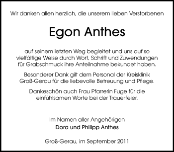 Traueranzeige von Egon Anthes von Rüsselsheimer Echo, Groß-Gerauer-Echo, Ried Echo