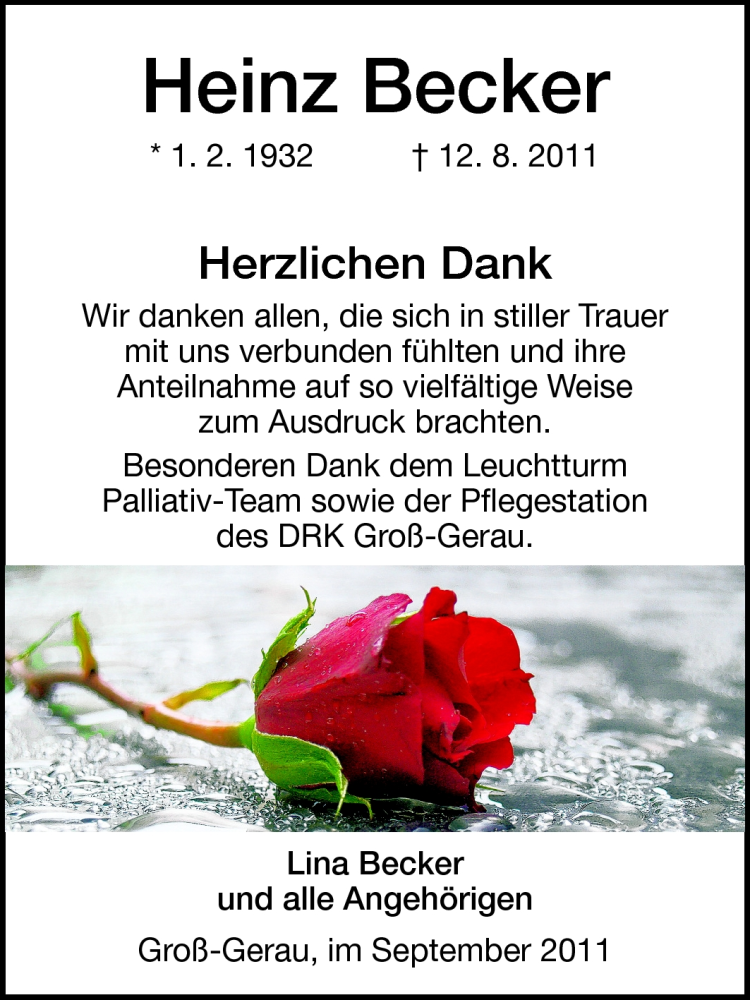  Traueranzeige für Heinz Becker vom 03.09.2011 aus Rüsselsheimer Echo, Groß-Gerauer-Echo, Ried Echo