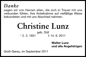 Traueranzeige von Christine Lunz von Rüsselsheimer Echo, Groß-Gerauer-Echo, Ried Echo