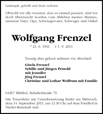 Traueranzeige von Wolfgang Frenzel von Echo-Zeitungen (Gesamtausgabe)