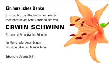 Traueranzeige von Erwin Schwinn von Odenwälder Echo