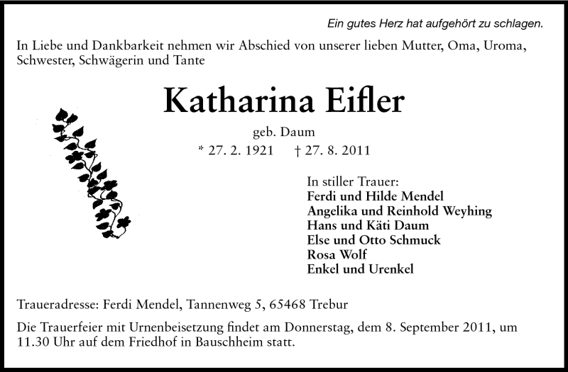  Traueranzeige für Katharina Eifler vom 03.09.2011 aus Rüsselsheimer Echo, Groß-Gerauer-Echo, Ried Echo