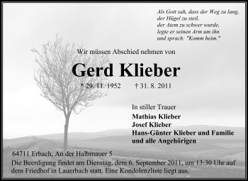 Traueranzeige von Gerd Klieber von Odenwälder Echo