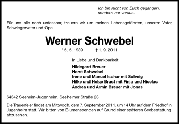 Traueranzeige von Werner Schwebel von Darmstädter Echo, Odenwälder Echo, Rüsselsheimer Echo, Groß-Gerauer-Echo, Ried Echo