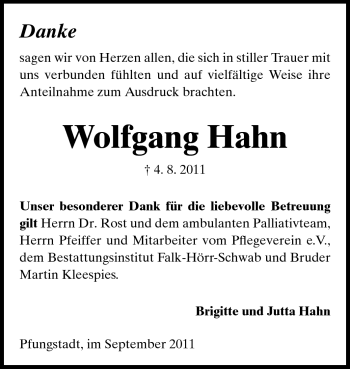 Traueranzeige von Wolfgang Hahn von Echo-Zeitungen (Gesamtausgabe)