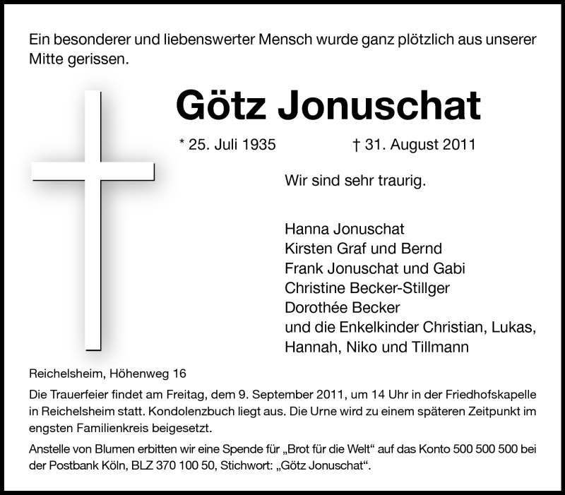  Traueranzeige für Götz Jonuschat vom 06.09.2011 aus Odenwälder Echo