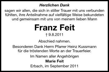Traueranzeige von Franz Feit von Odenwälder Echo