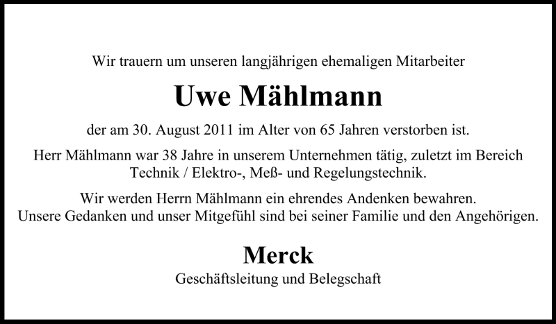  Traueranzeige für Uwe Mählmann vom 05.09.2011 aus Darmstädter Echo, Odenwälder Echo, Rüsselsheimer Echo, Groß-Gerauer-Echo, Ried Echo