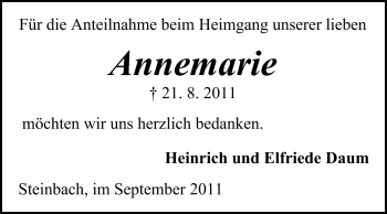 Traueranzeige von Annemarie Daum von Odenwälder Echo