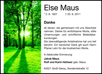 Traueranzeige von Else Maus von Rüsselsheimer Echo, Groß-Gerauer-Echo, Ried Echo