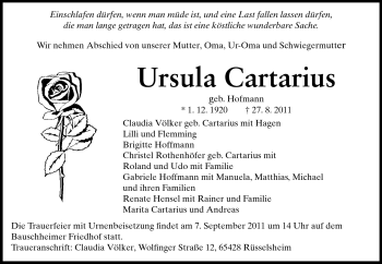 Traueranzeige von Ursula Cartarius von Rüsselsheimer Echo, Groß-Gerauer-Echo, Ried Echo