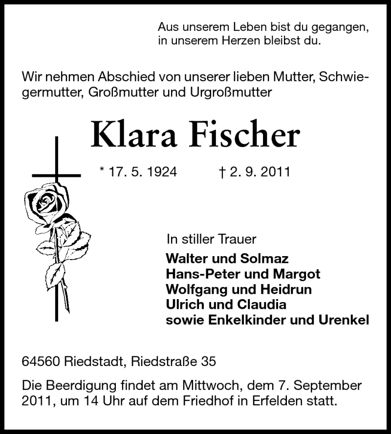  Traueranzeige für Klara Fischer vom 05.09.2011 aus Rüsselsheimer Echo, Groß-Gerauer-Echo, Ried Echo