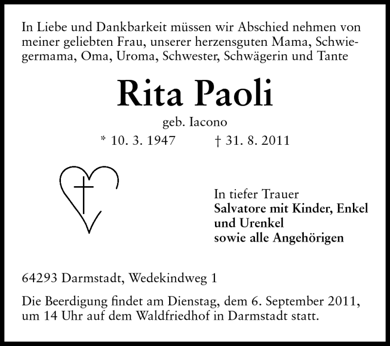  Traueranzeige für Rita Paoli vom 05.09.2011 aus Echo-Zeitungen (Gesamtausgabe)