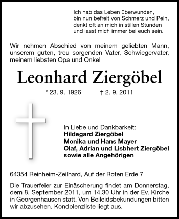 Traueranzeige von Leonhard Ziergöbel von Echo-Zeitungen (Gesamtausgabe)