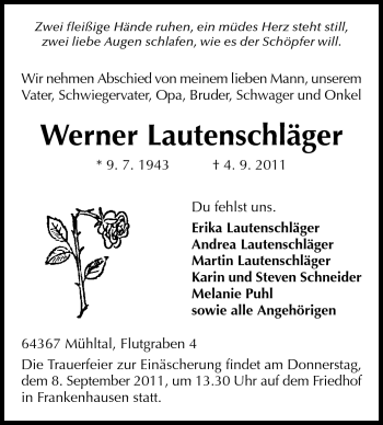 Traueranzeige von Werner Lautenschläger von Echo-Zeitungen (Gesamtausgabe)