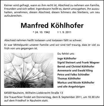 Traueranzeige von Manfred Köhlhofer von Rüsselsheimer Echo, Groß-Gerauer-Echo, Ried Echo