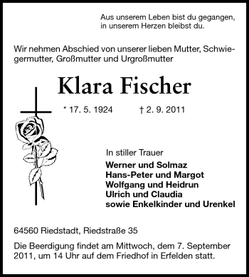 Traueranzeige von Klara Fischer von Rüsselsheimer Echo, Groß-Gerauer-Echo, Ried Echo