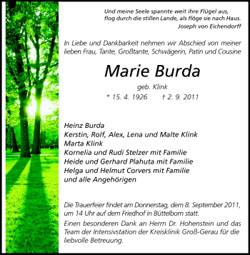 Traueranzeige von Maria Burda von Rüsselsheimer Echo, Groß-Gerauer-Echo, Ried Echo