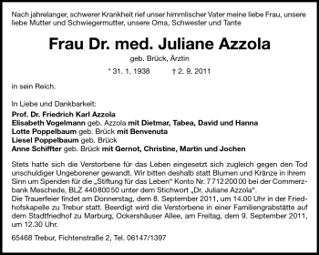 Traueranzeige von Juliane Azzola von Rüsselsheimer Echo, Groß-Gerauer-Echo, Ried Echo