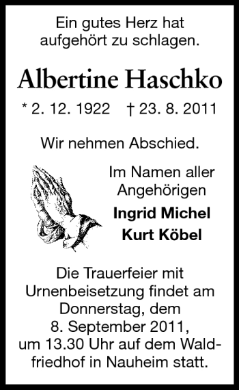 Traueranzeige von Albertine Haschko von Rüsselsheimer Echo, Groß-Gerauer-Echo, Ried Echo