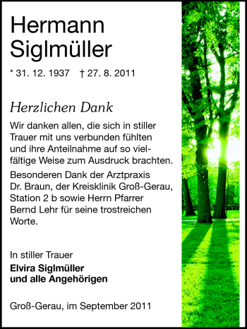 Traueranzeige von Hermann Siglmüller von Rüsselsheimer Echo, Groß-Gerauer-Echo, Ried Echo