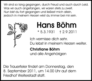 Traueranzeige von Hans Böhm von Echo-Zeitungen (Gesamtausgabe)