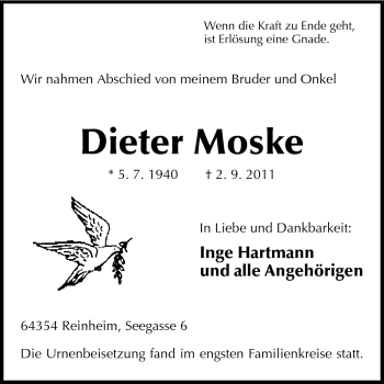 Traueranzeige von Dieter Moske von Darmstädter Echo, Odenwälder Echo, Rüsselsheimer Echo, Groß-Gerauer-Echo, Ried Echo
