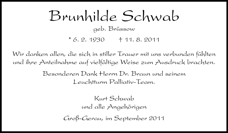  Traueranzeige für Brunhilde Schwab vom 07.09.2011 aus Rüsselsheimer Echo, Groß-Gerauer-Echo, Ried Echo
