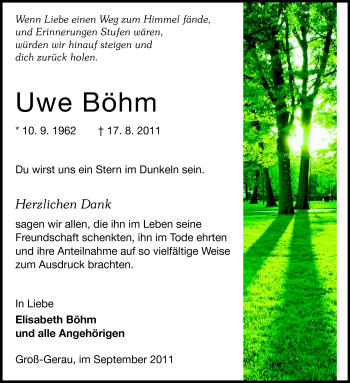 Traueranzeige von Uwe Böhm von Rüsselsheimer Echo, Groß-Gerauer-Echo, Ried Echo