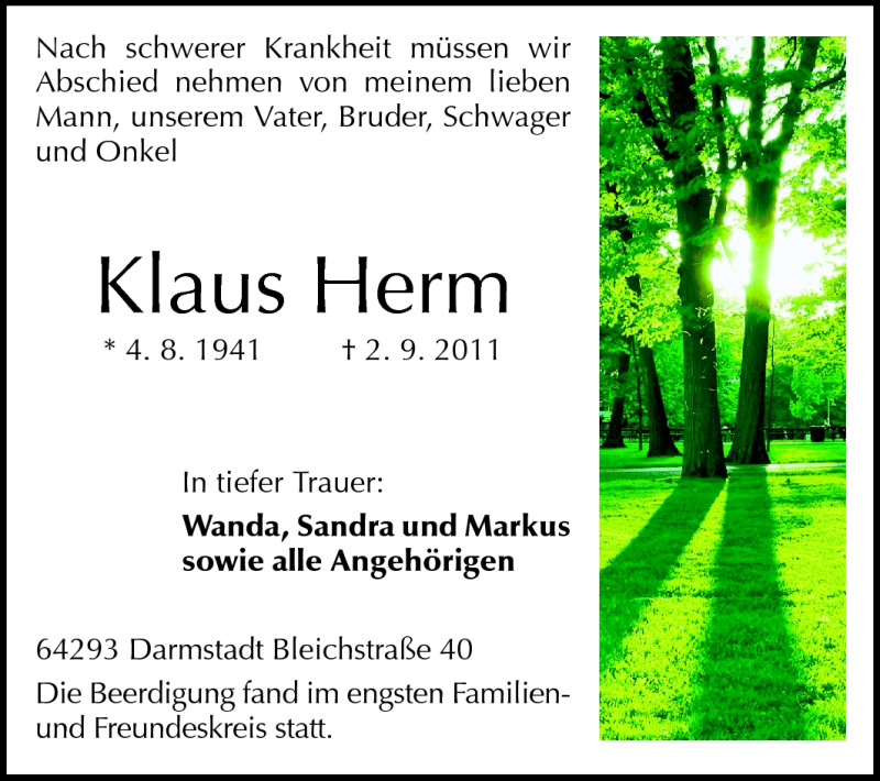  Traueranzeige für Klaus Herm vom 10.09.2011 aus Darmstädter Echo, Odenwälder Echo, Rüsselsheimer Echo, Groß-Gerauer-Echo, Ried Echo