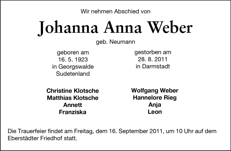  Traueranzeige für Johanna Anna Weber vom 10.09.2011 aus Darmstädter Echo, Odenwälder Echo, Rüsselsheimer Echo, Groß-Gerauer-Echo, Ried Echo