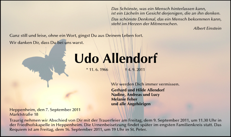  Traueranzeige für Udo Allendorf vom 07.09.2011 aus Starkenburger Echo