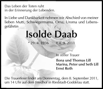 Traueranzeige von Isolde Daab von Echo-Zeitungen (Gesamtausgabe)