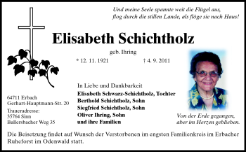 Traueranzeige von Elisabeth Schichtholz von Odenwälder Echo