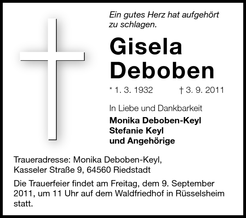  Traueranzeige für Gisela Deboben vom 07.09.2011 aus Rüsselsheimer Echo, Groß-Gerauer-Echo, Ried Echo