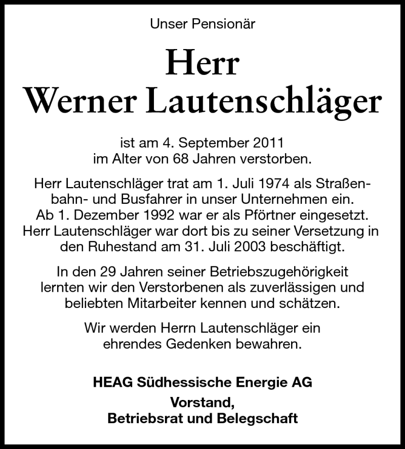  Traueranzeige für Werner Lautenschläger vom 07.09.2011 aus Echo-Zeitungen (Gesamtausgabe)