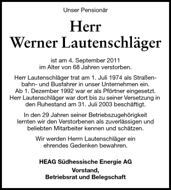 Traueranzeige von Werner Lautenschläger von Echo-Zeitungen (Gesamtausgabe)