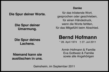 Traueranzeige von Bernd Hofmann von Echo-Zeitungen (Gesamtausgabe)
