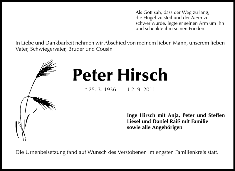  Traueranzeige für Peter Hirsch vom 10.09.2011 aus Rüsselsheimer Echo, Groß-Gerauer-Echo, Ried Echo