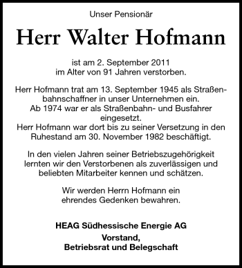 Traueranzeige von Walter Hofmann von Echo-Zeitungen (Gesamtausgabe)