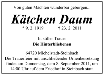 Traueranzeige von Kätchen Daum von Odenwälder Echo