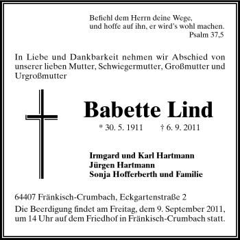 Traueranzeige von Babette Lind von Odenwälder Echo