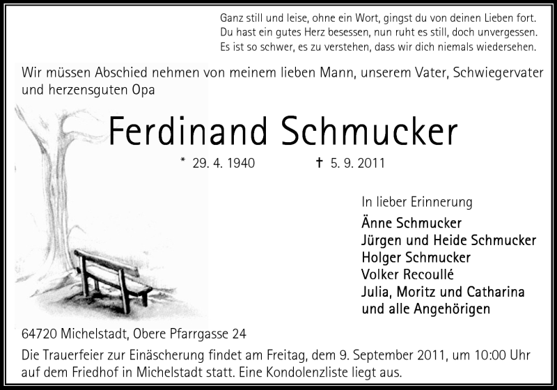  Traueranzeige für Ferdinand Schmucker vom 07.09.2011 aus Odenwälder Echo