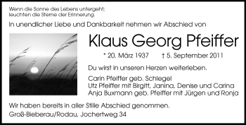 Traueranzeige von Klaus Georg Pfeiffer von Darmstädter Echo, Odenwälder Echo, Rüsselsheimer Echo, Groß-Gerauer-Echo, Ried Echo