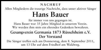Traueranzeige von Hans Bauer von Rüsselsheimer Echo, Groß-Gerauer-Echo, Ried Echo