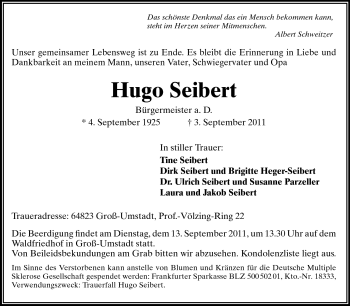 Traueranzeige von Hugo Seibert von Echo-Zeitungen (Gesamtausgabe)