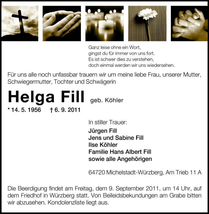  Traueranzeige für Helga  Fill vom 08.09.2011 aus Odenwälder Echo