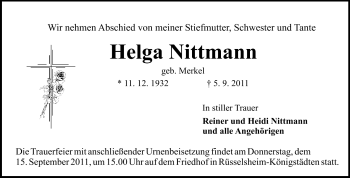 Traueranzeige von Helga Nittmann von Rüsselsheimer Echo, Groß-Gerauer-Echo, Ried Echo